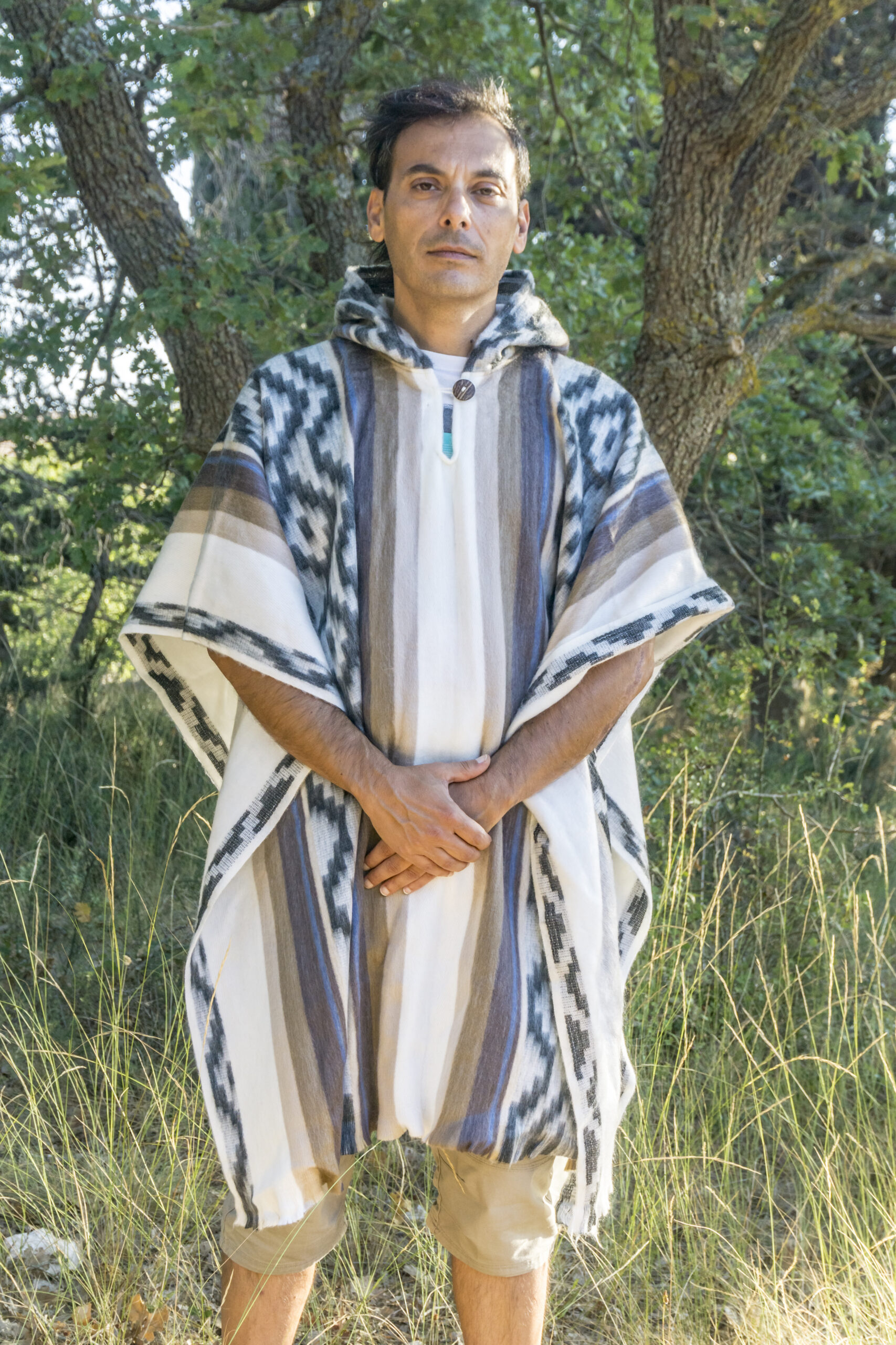 Warm Poncho - White, Grey and Brown 1 Alpaca Wool Poncho