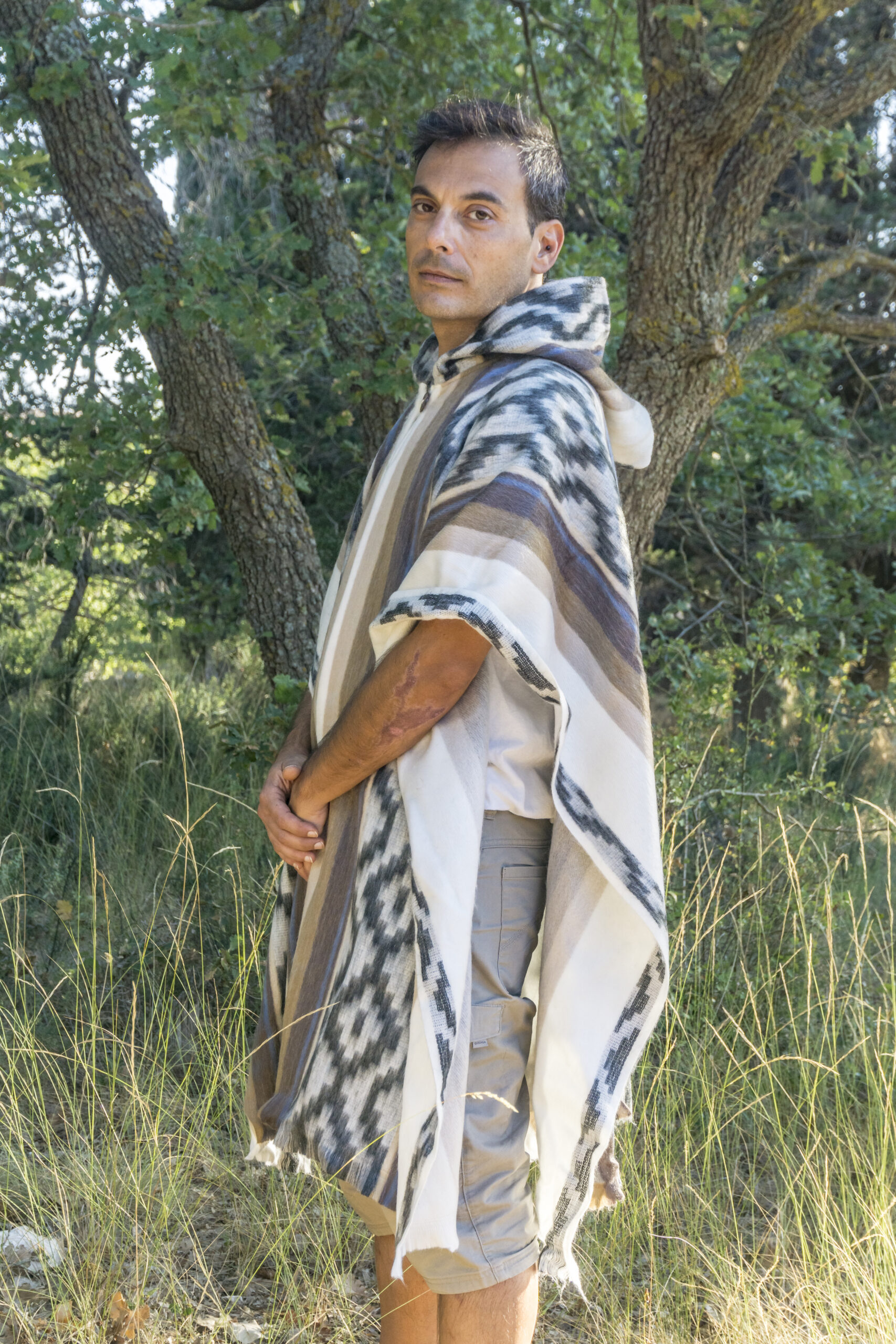 Warm Poncho - White, Grey and Brown 4 Alpaca Wool Poncho