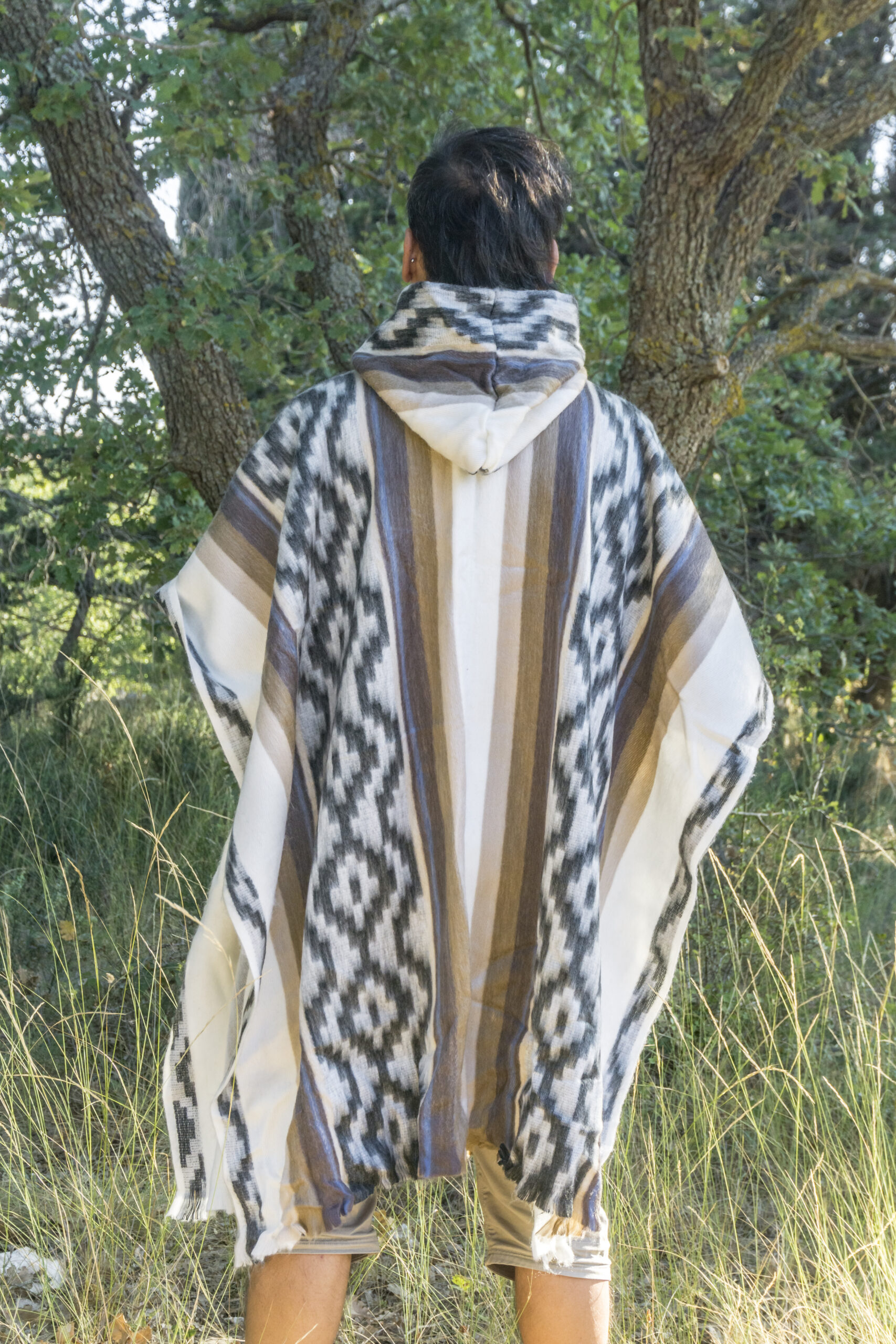 Warm Poncho - White, Grey and Brown 6 Alpaca Wool Poncho
