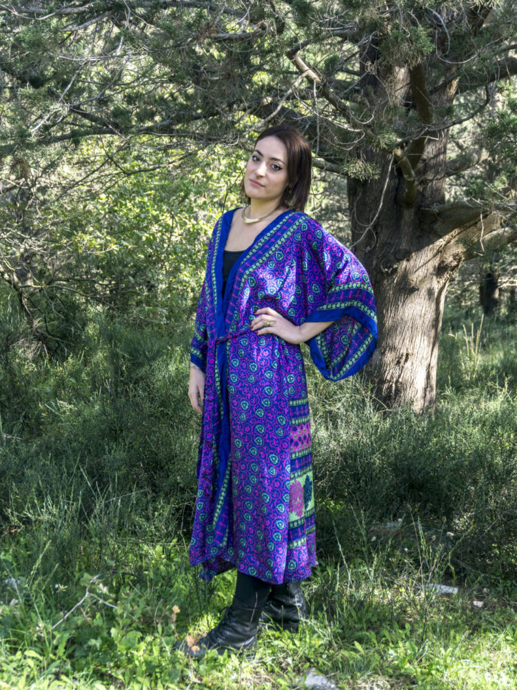 Long kimono featuring a smooth, elegant drape and refined craftsmanship, showcasing its lightweight texture and luxurious finish.